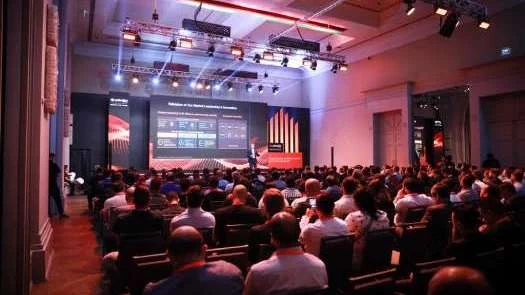 Corporate gathering with an audience and presentation